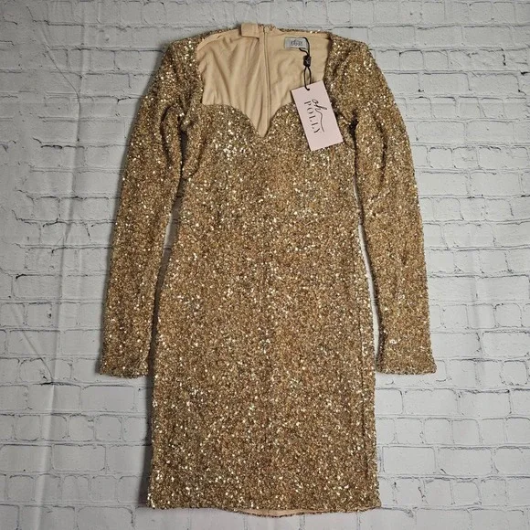 Oh Polly Sephina Gold Sequin Long Sleeve Mini Dress Sweetheart Neck Size 8 NEW - Picture 3 of 12